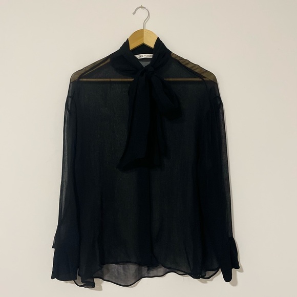 Zara - Sheer Chiffon Tie Neck Blouse Size M Black - Picture 2 of 7